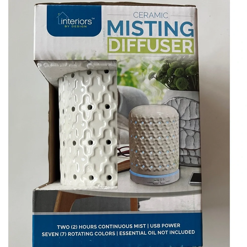 Interiors by Design Ceramic Essential Oil Misting Diffuser USB NIB 7 LED Colors